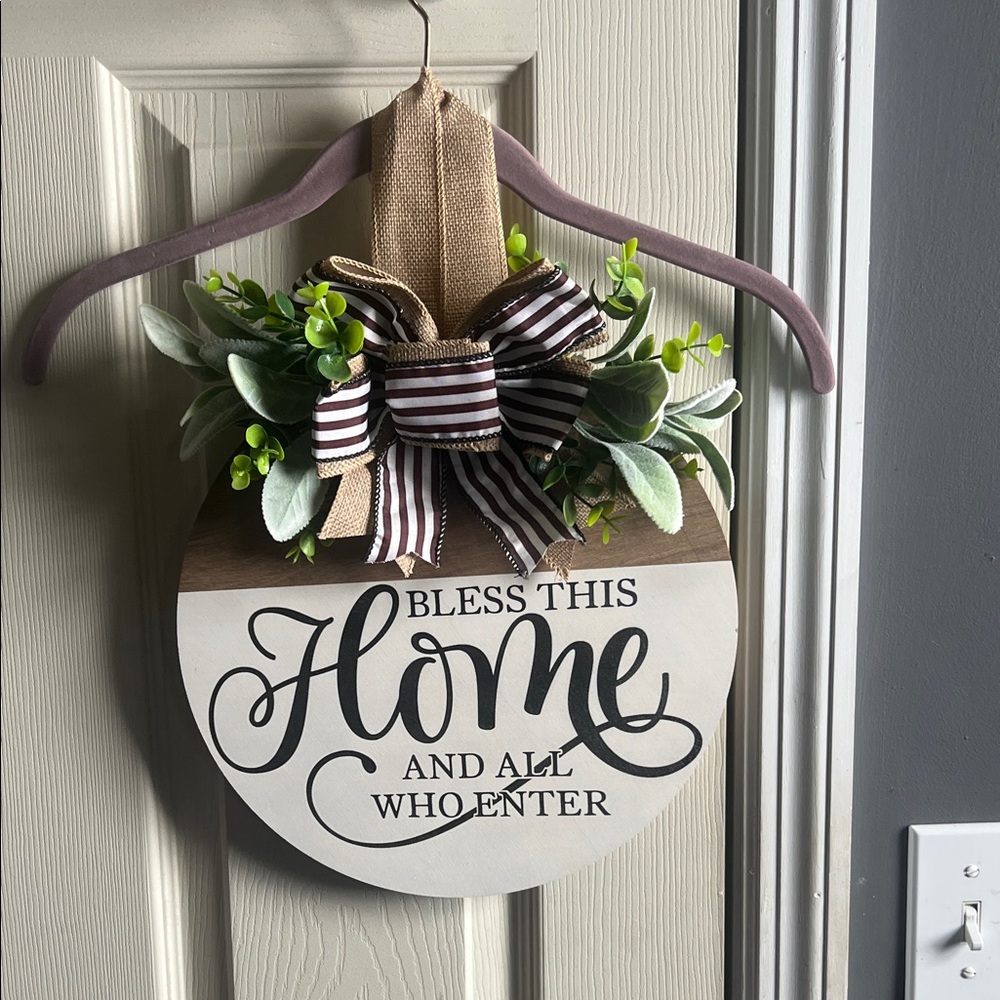 Bless This Home Round Wall Sign with Greenery and Striped Bow - White & Wood